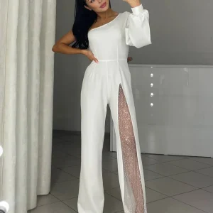 Cocolii combinaisons flare évasé une épaule fendu le côté manches longues femme casual élégant décontracté cérémonie
