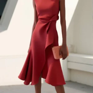 Cocolii mi-longue robe trapèze irrégulière à volantée nœud col rond sans manches femme élégant vintage bal de promo fete cérémonie