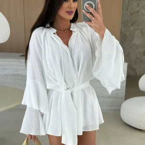 Cocolii mini robe v-cou ceinture irrégulière manches trompette manches longues femme casual bohème décontracté de plage