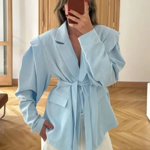 Cocolii blazer femme tendance à épaules dénudées veste ceinturée manches longues chic pour bureau soirée cocktail
