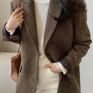 Cocolii blazer femme en laine chevrons poches col revers oversize chic décontracté manteau pour bureau automne