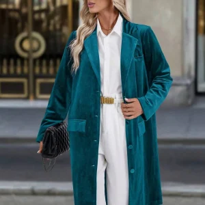 Cocolii mi-longue blazer en velours boutonnage poches col revers femme décontracté vintage pardessus de bureau