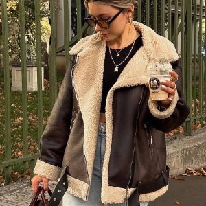 Cocolii mi-longue manteau aviateur simili cuir ceinture fermeture éclair col revers femme décontracté bombardier aviateur veste