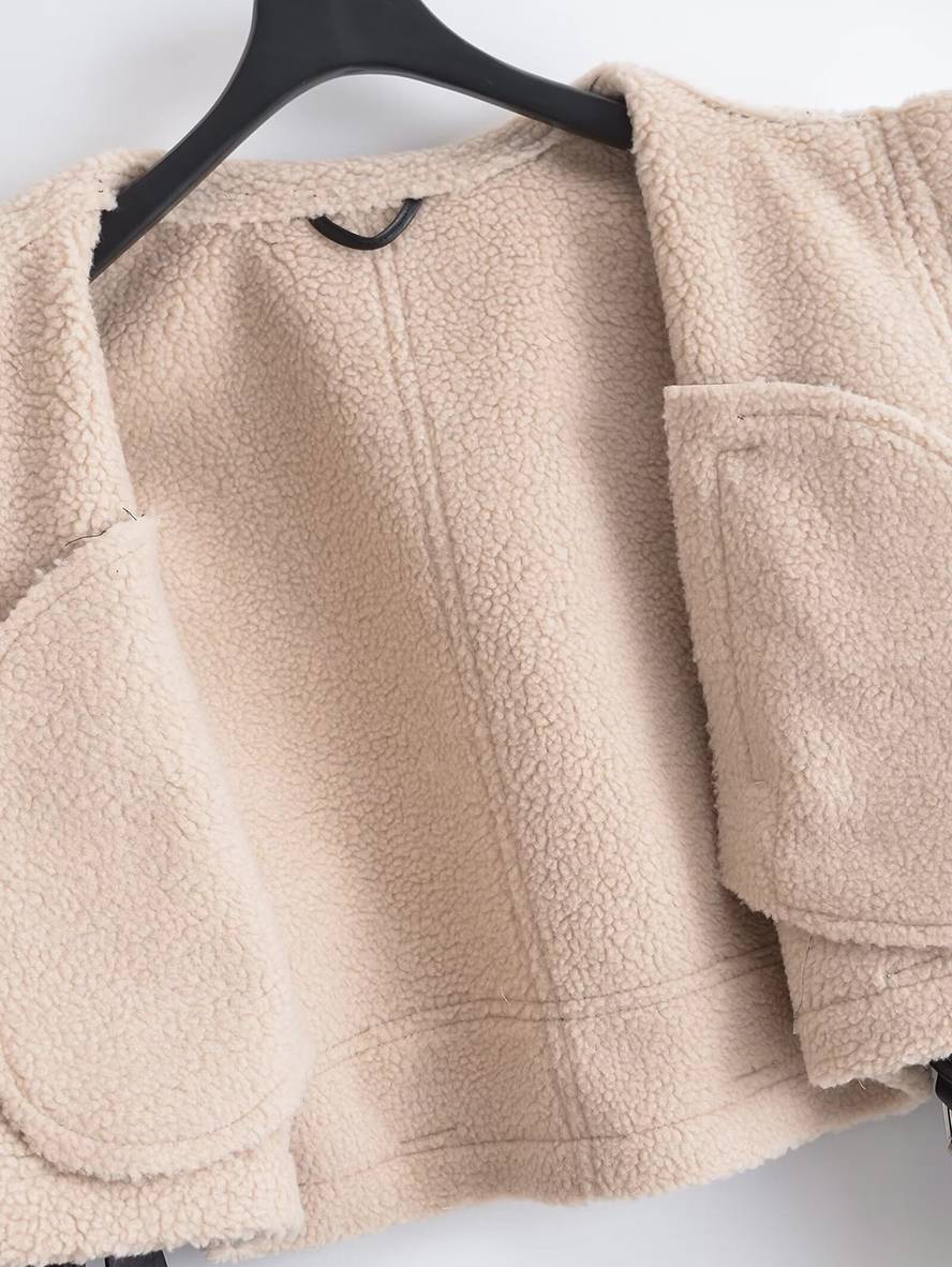 Cocolii court manteau aviateur ceinture chunky buckle col revers poches manches longues femme vintage décontracté veste – Image 8