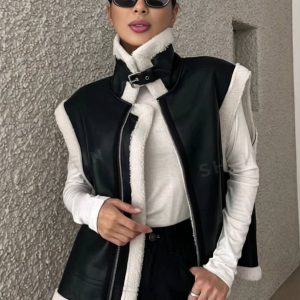 Cocolii gilet manteau aviateur simili cuir sans manches fermeture éclair poches col revers femme décontracté mode oversized veste