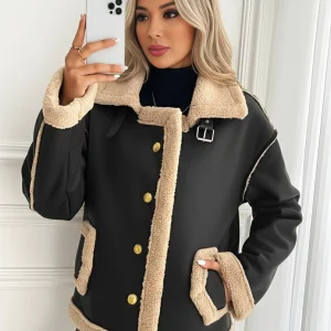 Cocolii manteau aviateur femme hiver style peau de mouton veste chaude en similicuir doublée fourrure col revers décontracté