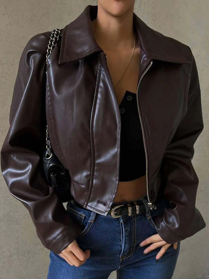 Cocolii court perfecto femme simili cuir col revers fermeture éclair femme élégant vintage décontracté veste – Image 2