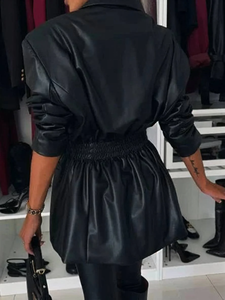 Cocolii veste en simili cuir double boutonnage manches longues femme élégant décontracté mode casual manteau – Image 7