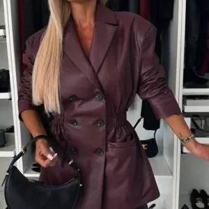 Cocolii veste en simili cuir double boutonnage manches longues femme élégant décontracté mode casual manteau