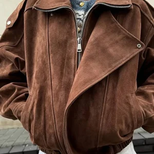 Cocolii court perfecto femme en suedine veste en daim poches ceinture vintage blouson motard pour automne