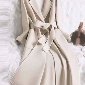 Cocolii longue manteau en laine coton poches ceinture col revers manches longues femme casual ample veste
