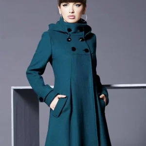 Cocolii mi-longue manteau en laine double boutonnage avec poches à capuche vintage femme élégant hiver cape