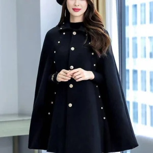 Cocolii manteau en laine cloutée col chemise élégant femme cape noir