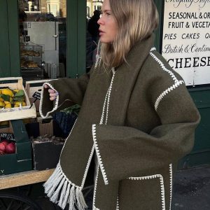 Cocolii manteau en laine veste en feutre à encolure frange écharpe boutonnage poches col rond femme élégant mode