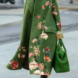 Cocolii longue manteau fleurie double boutonnage poches col revers manches longues femme élégant mode blouson