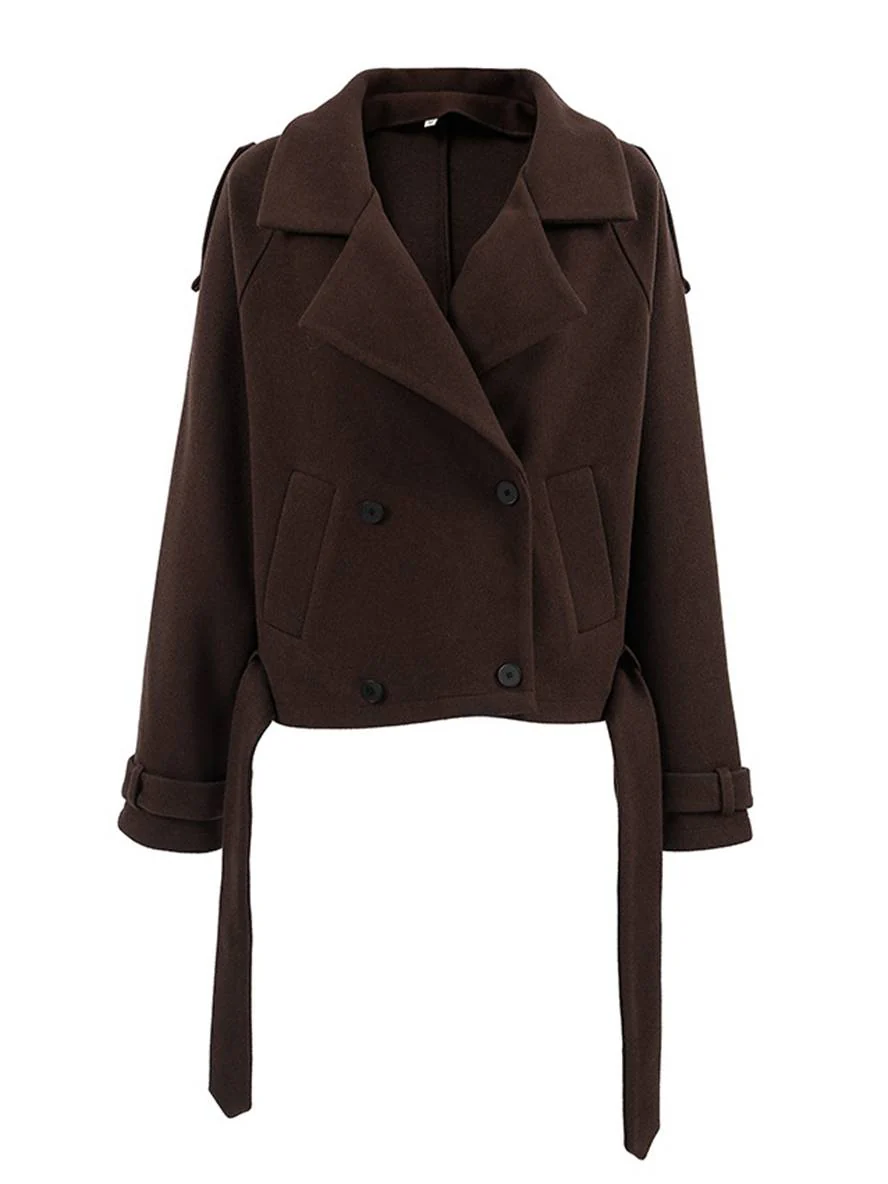 Cocolii court manteau en laine double boutonnage ceinture col revers femme élégant décontracté veste caban – Image 6