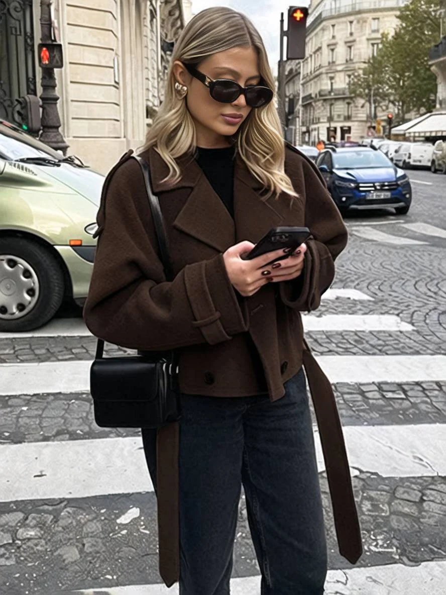 Cocolii court manteau en laine double boutonnage ceinture col revers femme élégant décontracté veste caban – Image 4