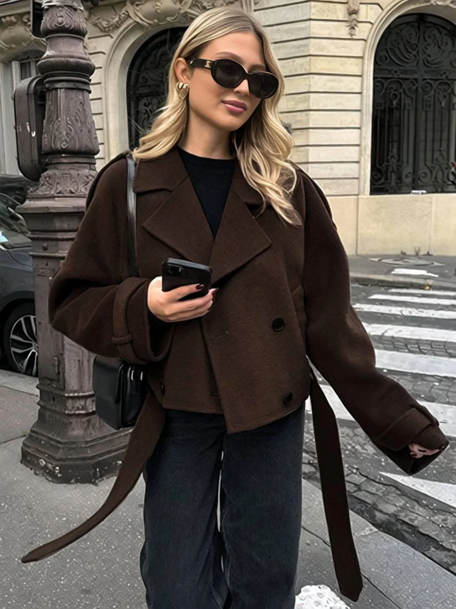 Cocolii court manteau en laine double boutonnage ceinture col revers femme élégant décontracté veste caban – Image 3