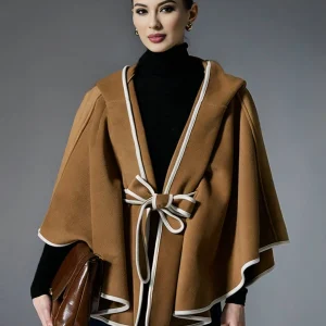 Cocolii court poncho manteau femme laine noeud papillon à capuche manches chauve souris élégant décontracté oversized veste