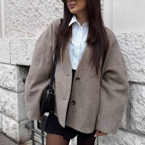 Cocolii manteau en laine v-cou boutonnage manches longues femme élégant décontracté ample casual veste