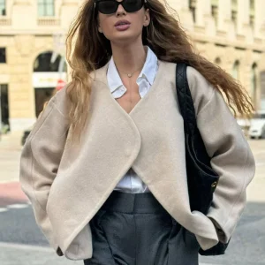 Cocolii veste court femme en laine manteau oversize ouvert sans col élégant décontracté blouson chic pour automne hiver