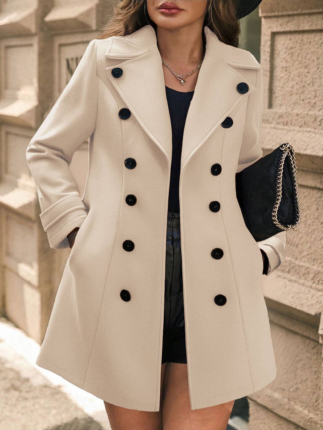 Cocolii mi-longue manteau en laine officier double boutonnage col revers femme veste caban hiver chic et chaude – Image 6