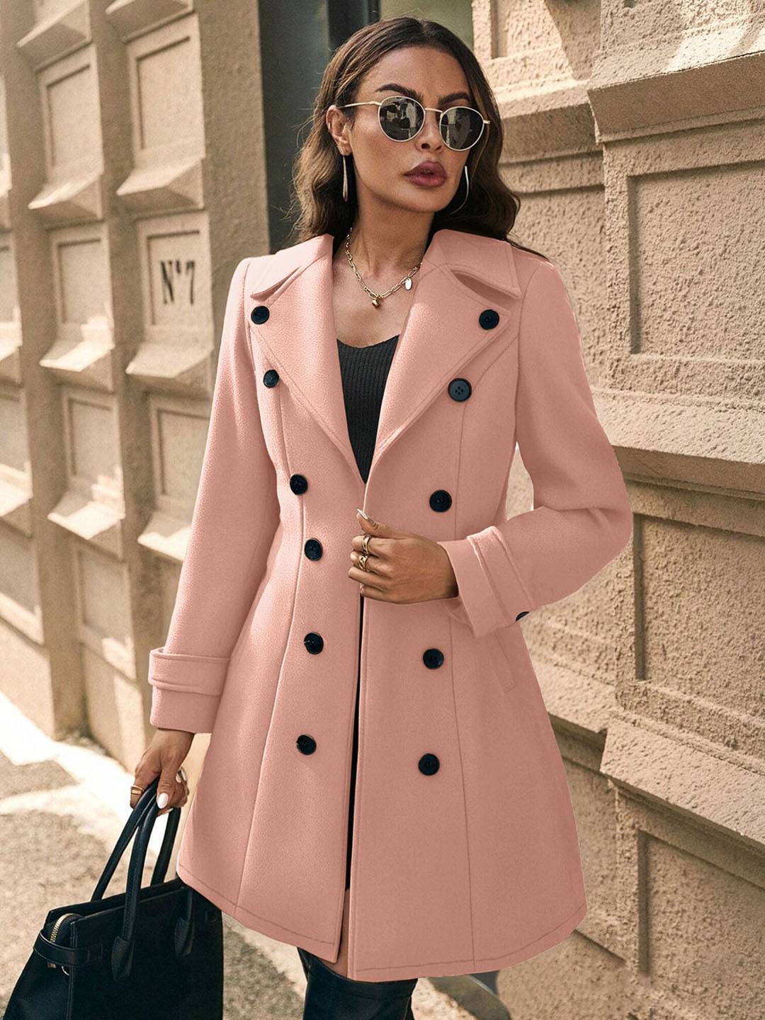 Cocolii mi-longue manteau en laine officier double boutonnage col revers femme veste caban hiver chic et chaude – Image 8