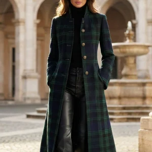 Cocolii mi-longue manteau femme à carreaux écossais tartan bleu et vert boutonnage élégant vintage veste d'hiver