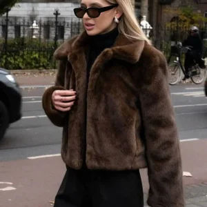 Cocolii court veste en fausse fourrure femme blouson hiver chic et chaud à col revers manteau élégant décontracté