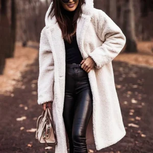 Cocolii longue manteau teddy coat à capuche unicolore boutons poches manches longues femme décontracté oversized hiver