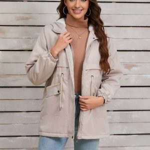 Cocolii mi-longue parka unicolore à capuche boutons poches fermeture éclair femme élégant décontracté manteau