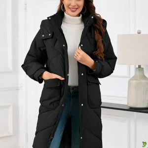 Cocolii mi-longue manteau doudoune unicolore à capuche boutonnage poches femme élégant décontracté oversized