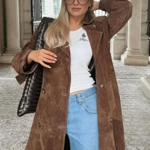 Cocolii longue manteau suedine double boutonnage ceinture col revers manches longues femme élégant décontracté ample veste
