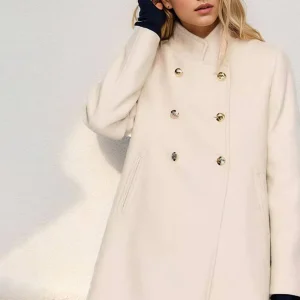 Cocolii mi-longue manteau unicolore double boutonnage poches col montant manches longues femme décontracté