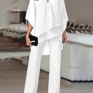 Cocolii ensembles deux pièces col rond manches chauve souris hauts irrégulière droit pantalon femme lâche décontracté de mariage