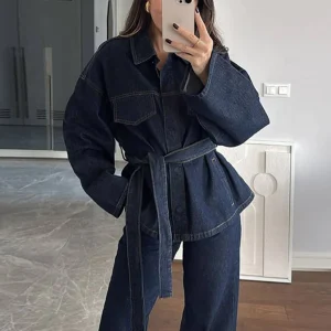 Cocolii ensembles avec pantalon femme en jean veste poches ceinture col revers manches longues décontracté tenue