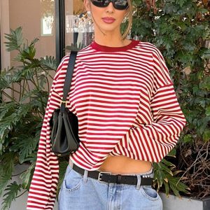 Cocolii rouge et blanche femme rayé t-shirt col rond manches longues décontracté ample casual haut marinière femme