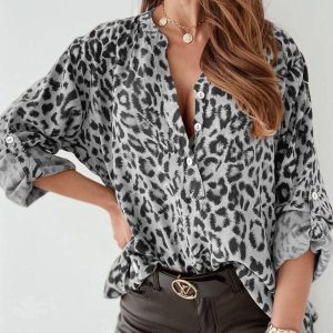 Cocolii chemisier léopard boutonnage col rond manches longues femme mode casual blouse
