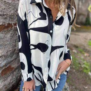 Cocolii chemisier mousseline femme Imprimé abstrait boutonnage manches longues décontracté blouse pour bureau