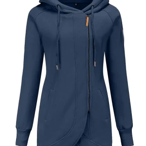 Cocolii mi-longue sweatshirt à capuche fermeture éclair poches manches bishop femme décontracté mode casual blouson