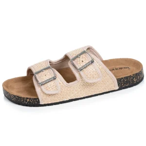 Mules sandales Femme double bride Rafia Beige